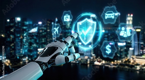Robotic hand interacting with digital interface for health, travel, and property insurance.