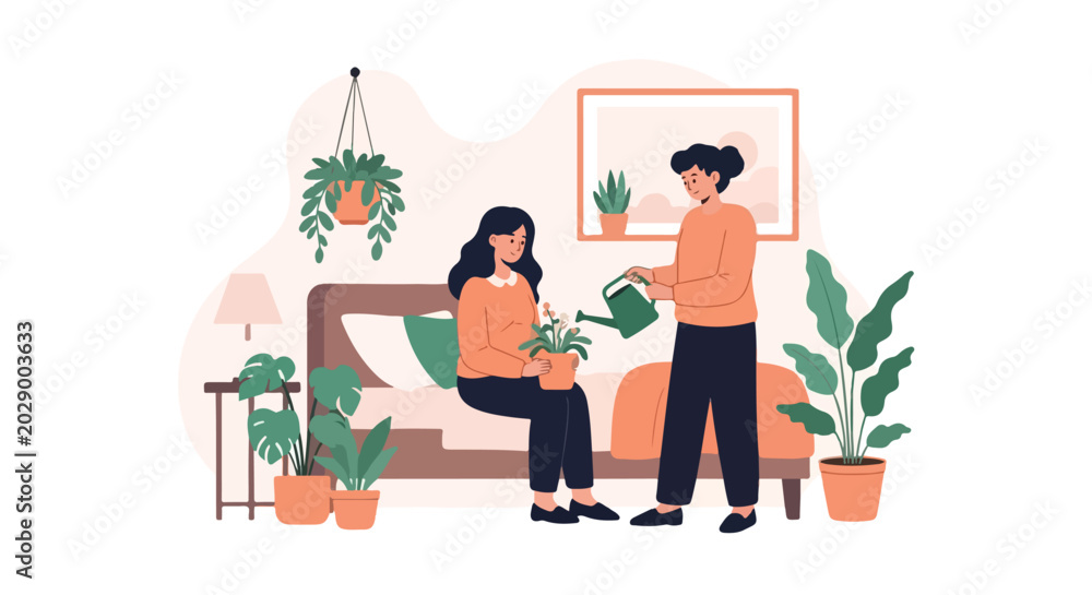 Fototapeta premium A young woman sits on a bed holding a potted plant while another woman waters it with a green watering can in a cozy, plant-filled bedroom.