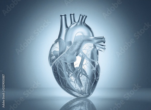 A transparent human heart rendered in a cool blue hue, showcasing intricate anatomical details and veins with a reflective surface below