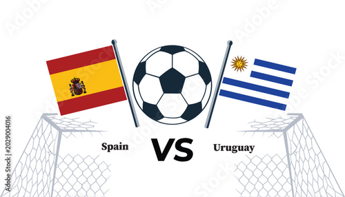 Photos Spain versus uruguay soccer match illustration with flags and ball