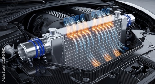 Close-up view of a high-performance car's intercooler system, illustrating airflow and heat dissipation for enhanced engine efficiency.