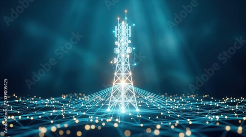Global network connectivity represented by a digital telecommunication tower and glowing lines.