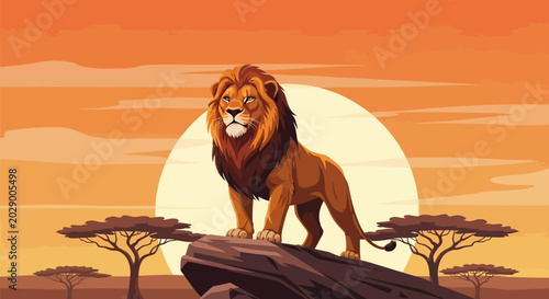 Majestic Lion King Standing on Rock at Sunset in African Savannah Landscape