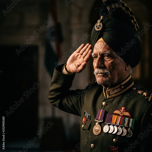 Senior Sikh Indian Army Officer in Uniform Saluting with Indian Flag Background