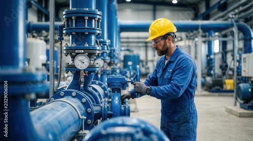 An engineer maintains utility station piping and checks valves at a water plant.