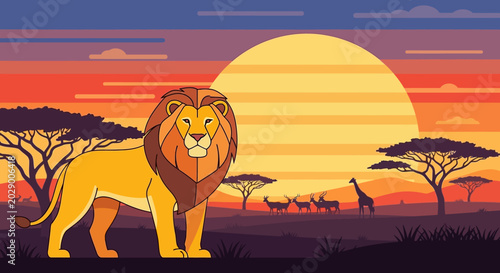 Quadro su tela Majestic Lion Standing Proudly in African Savannah at Sunset