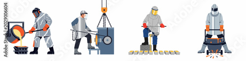Canvas Print Industrial foundry workers in heat resistant protective suits pouring molten metal and casting ingots at a metallurgical plant flat vector illustration set