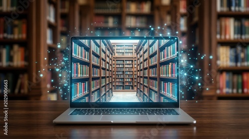 An e-learning concept featuring digital books and information access on a laptop.