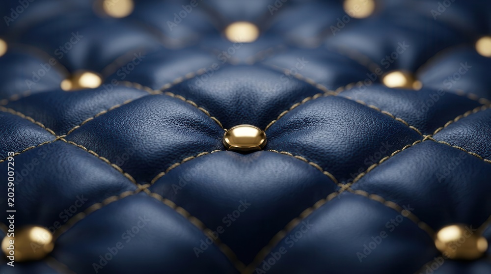 Fototapeta premium Luxurious navy blue leather texture featuring diamond pattern and elegant gold buttons.