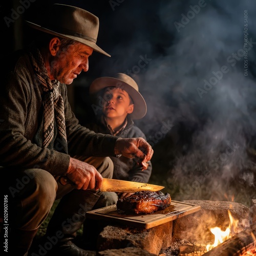 Father and son bonding while grilling meat by a campfire at night in rural setting