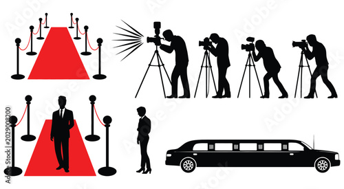 Fotografie Red carpet event silhouette with paparazzi and transportation vector illustratio