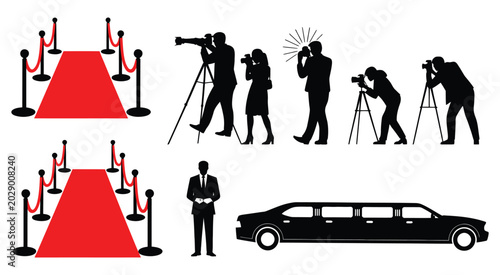 Fotografía Celebrity red carpet silhouette featuring paparazzi cameras and luxury car trans