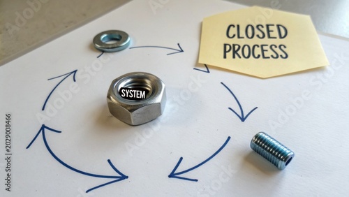 Conceptual representation of a closed process system with mechanical components highlighting connections, efficiency, and continuous feedback in a business environment