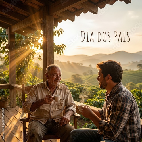 Senior father and adult son enjoying coffee on a rural porch at sunrise