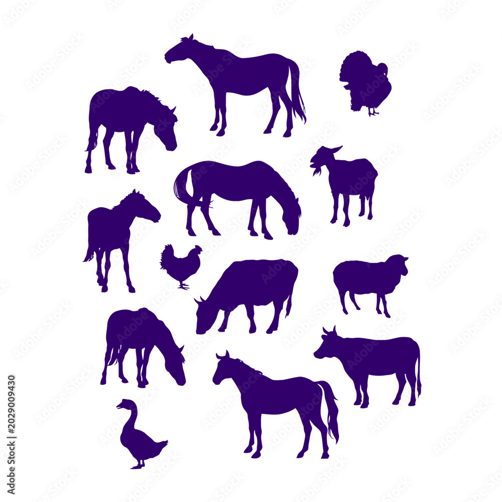 Obraz premium Farm animals silhouettes on transparent background, domestic animals, livestock, pet animal icons.