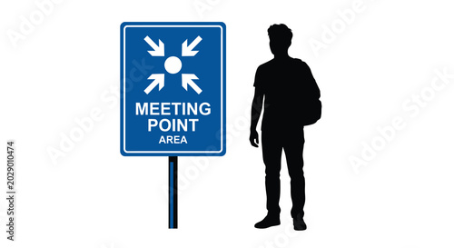 Fotografija meeting point sign and human silhouette on white background