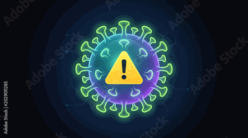 Warning Sign on a Neon Glowing Coronavirus Illustration with Abstract Background