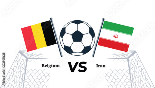 Belgium vs iran flags and soccer ball