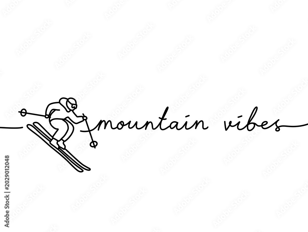 Obraz premium Minimalist line art of skier with mountain vibes text