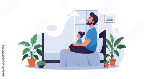 Foto A father and daughter sit calmly on a bed, practicing mindfulness and deep breathing in their peaceful, plant-filled bedroom