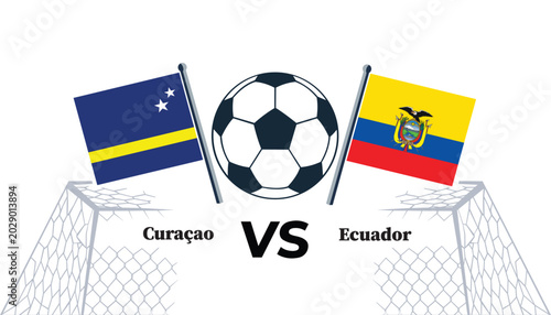 Curaao versus ecuador soccer match illustration with flags and ball
