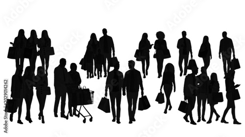 Black silhouettes of people walking in a crowd isolated on transparent background, Vector