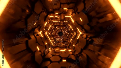 Abstract Hexagonal Tunnel with Glowing Orange Lights and Textured Walls.