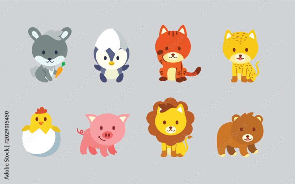 Naklejka premium A lovely collection of eight cute cartoon safari and farm animal vector illustrations isolated on a soft grey background. 