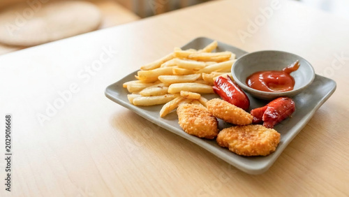 Delicious fast food snack selection served on a minimalist plate. Warm light highlights the crispy textures. Great for lifestyle content illustrating cheat days or everyday casual family meals.
