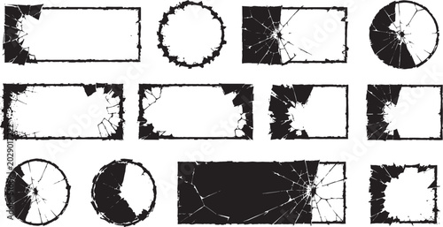 Collection of broken glass frame borders with cracked texture, shattered circular and rectangular shapes, distressed grunge elements isolated on light background vector set