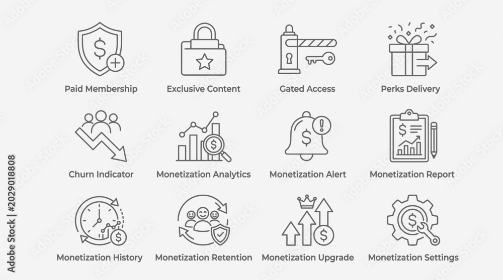 Fototapeta premium Set of thin line business and finance monetization icons.