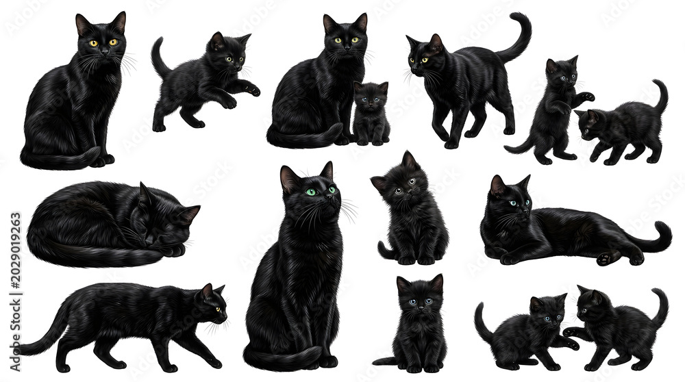 Fototapeta premium A captivating collection of elegant black cats and playful kittens in various poses, showcasing their mysterious beauty and agility for feline enthusiasts and design projects