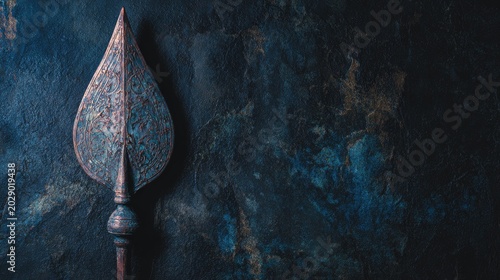 spearhead. An ornate metallic spearhead against a dark stone background. event programs, museum guides, designed for cultural heritage projects and event programs, used by creative directors.