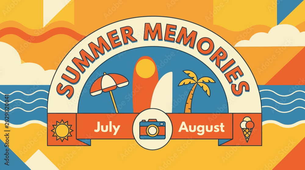 Naklejka premium Summer Memories Banner: Sun, Beach, Palm Tree, Umbrella, Camera, July, August