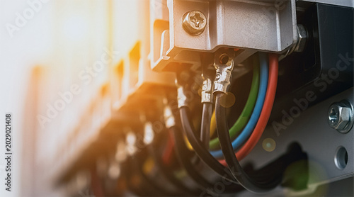 Industrial electrical wiring and terminal blocks in a control panel representing power distribution and automation.