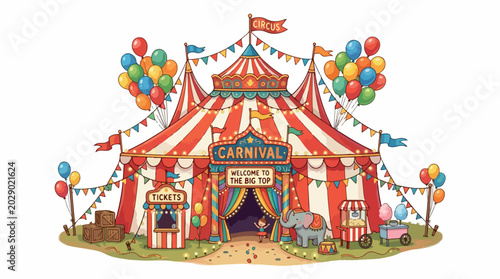 Colorful striped circus carnival tent with balloons, bunting, and flags stands outdoors in a festive rural fairground