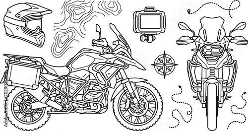 Tableau sur toile Adventure Motorcycle and Moto Touring Line Icon Set with Dual Sport Bike Helmet