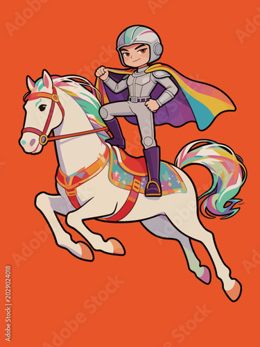 Cartoon Knight Riding Rainbow Mane Horse on Orange Background