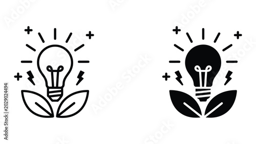 Black and white bulb icon with leaves and sparks
