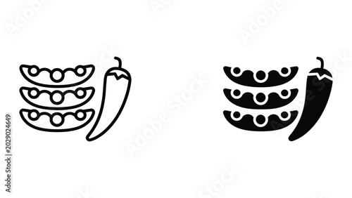 Simple black and white pepper and chili pepper icon set