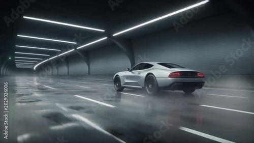 White sports car driving through tunnel.