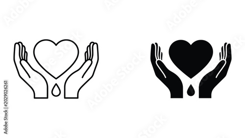 Hands holding heart icon in black and white version
