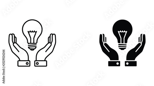 Hands holding lightbulb icon in black and white