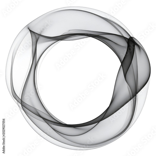 Abstract Black Smoke Ring Frame with Wispy Silk Waves Isolated on White Background