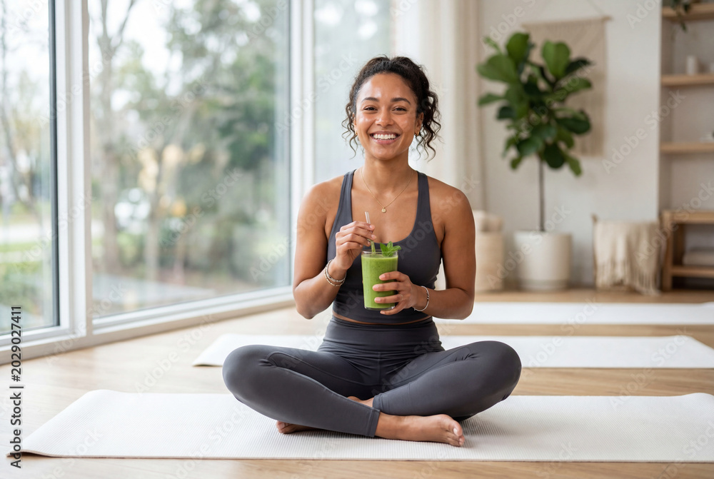 Naklejka premium Smiling woman in sportswear sitting on yoga mat holding green smoothie glass