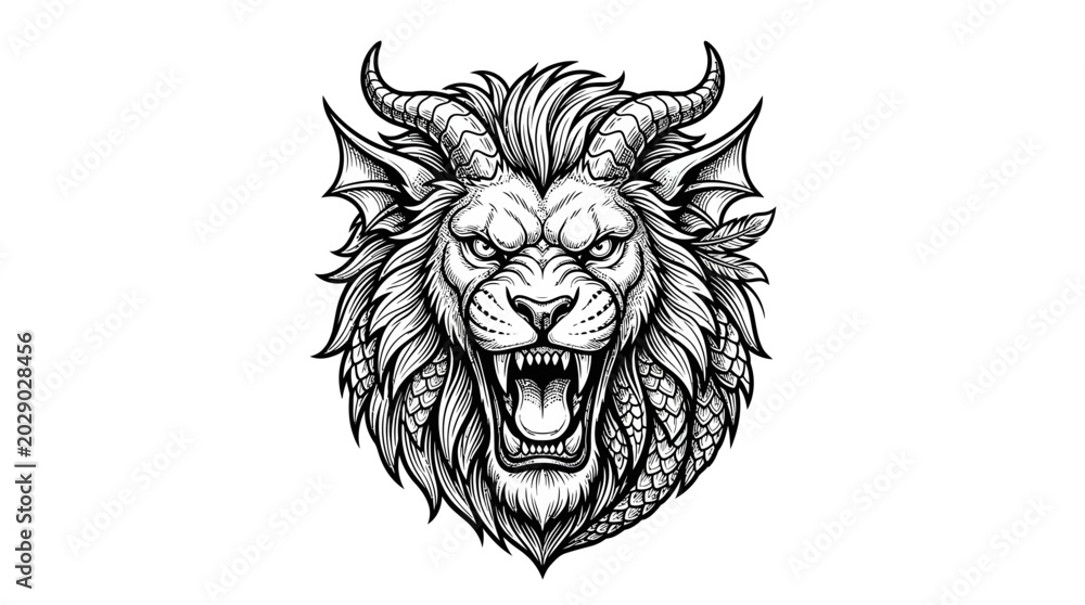 Obraz premium Lion Dragon Head Vector Illustration with Line Art Style