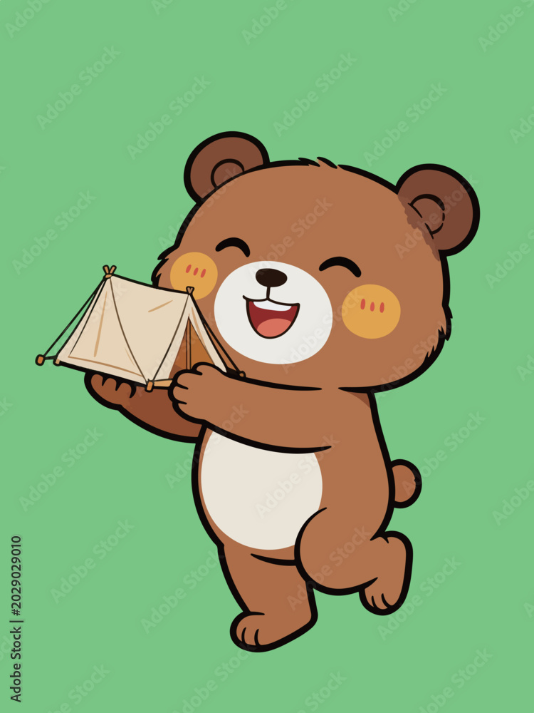 Obraz premium Cute cartoon brown bear holding a mini camping tent