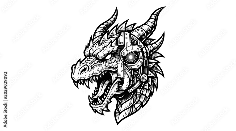 Obraz premium Mechanical Dragon Head Illustration on White Background