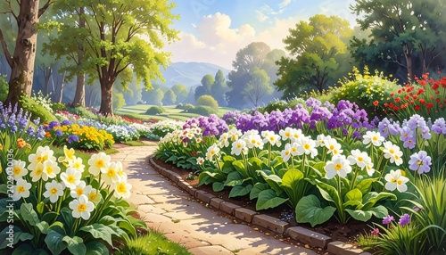 A vibrant garden path winds through blooming flowers, lush trees, and gentle hills, basking in warm sunlight