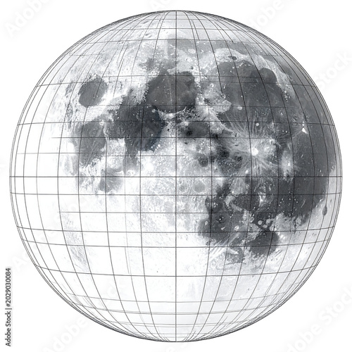 Detailed Moon Map with Latitude and Longitude Grid Lines Isolated on White Background